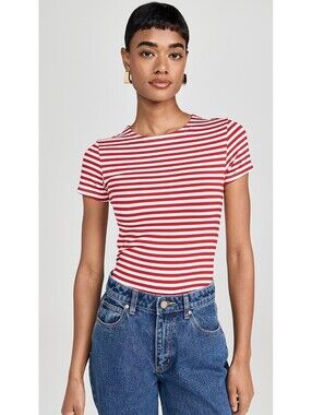 L'AGENCE Ressi Stripe Tee | Red & White | Fitted Crewneck | XS